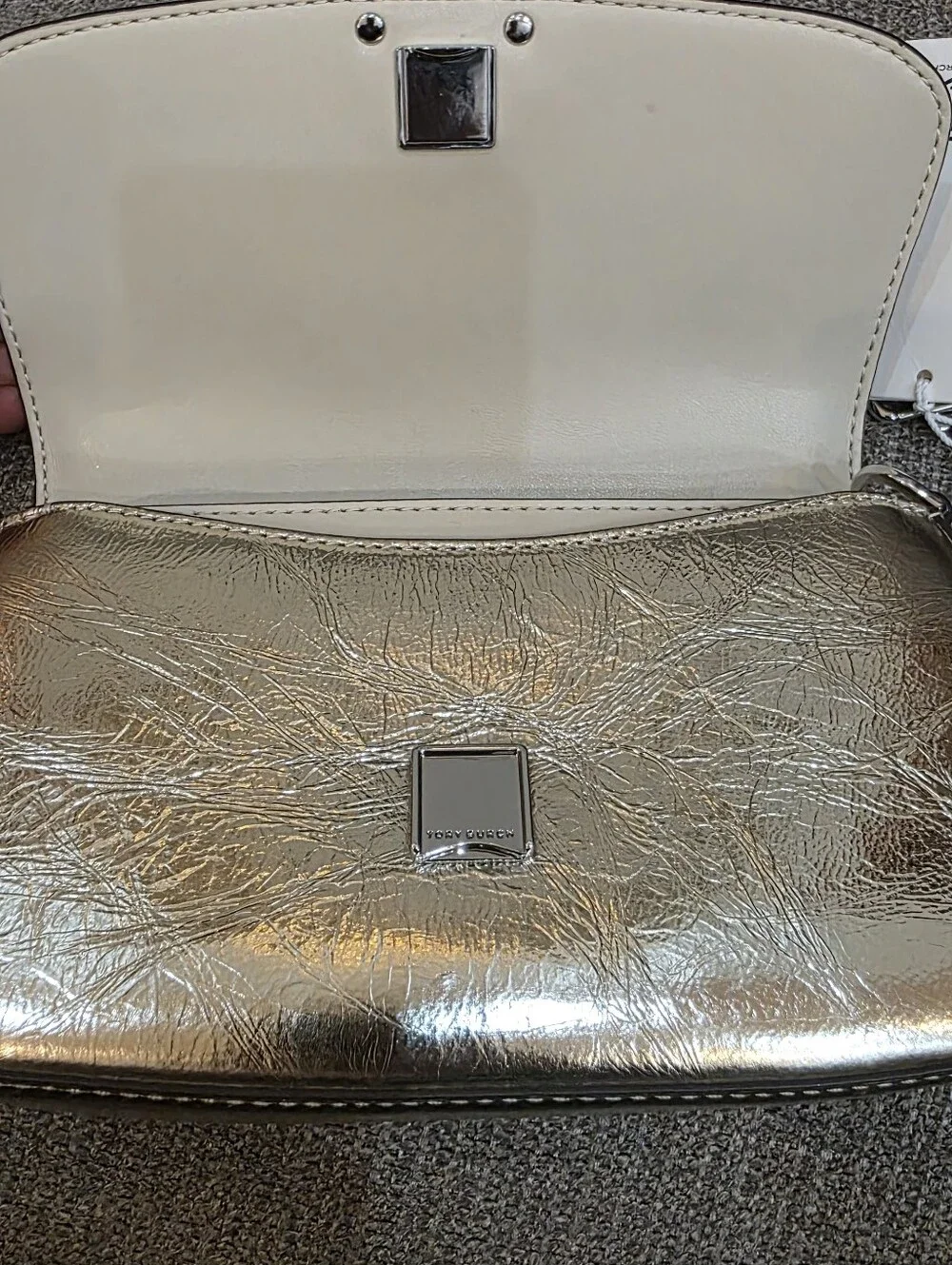 Tory Burch Britten Metallic Silver Leather Crossbody